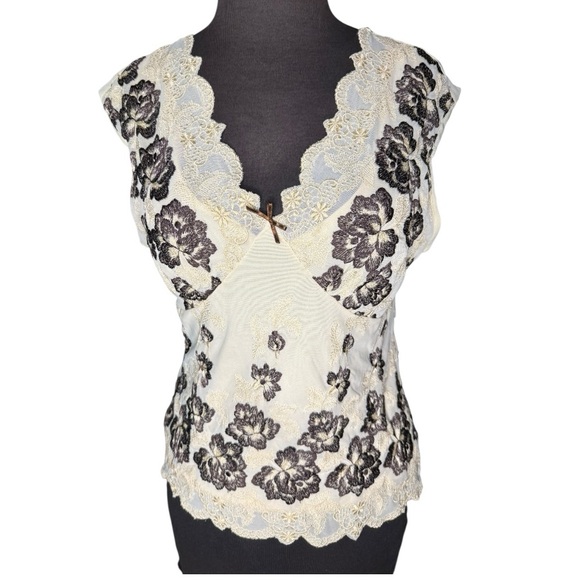 Y2K Sheer Mesh Floral Embroidered Babydoll Lace Top Womens MP Romantic Coquette - Picture 1 of 8